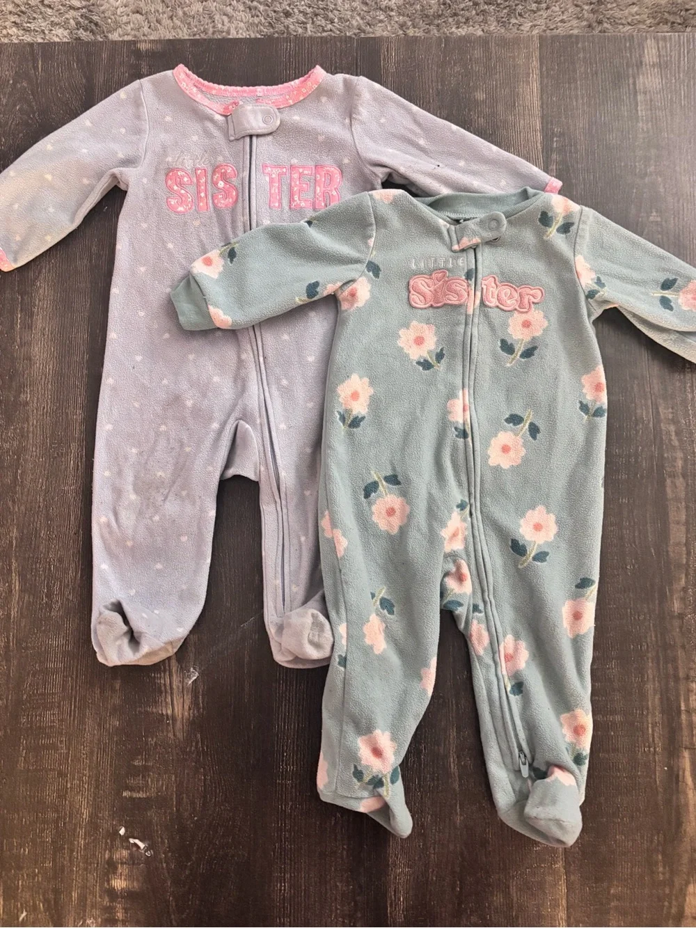 One-Piece Fleece Footed Little Sister Sleeper Bundle- Pink & Light Blue Floral
